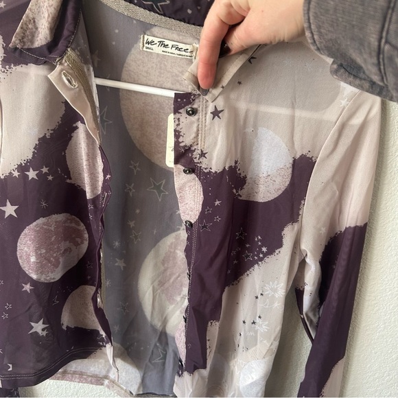 Free People On The Scene Plum Combo Moon Print Mesh Button Up Top - Picture 5 of 7
